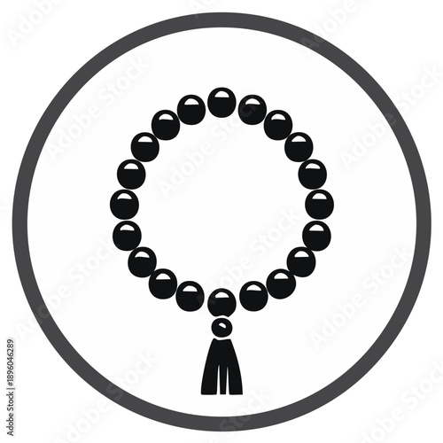 Black Islamic prayer beads with tassel arranged in a circle within a gray border