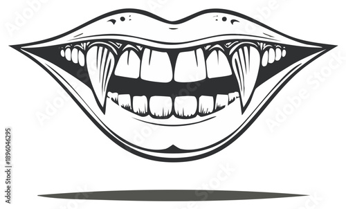 Vampire teeth illustration with fangs, dark design of spooky mouth in monochrome vector drawing