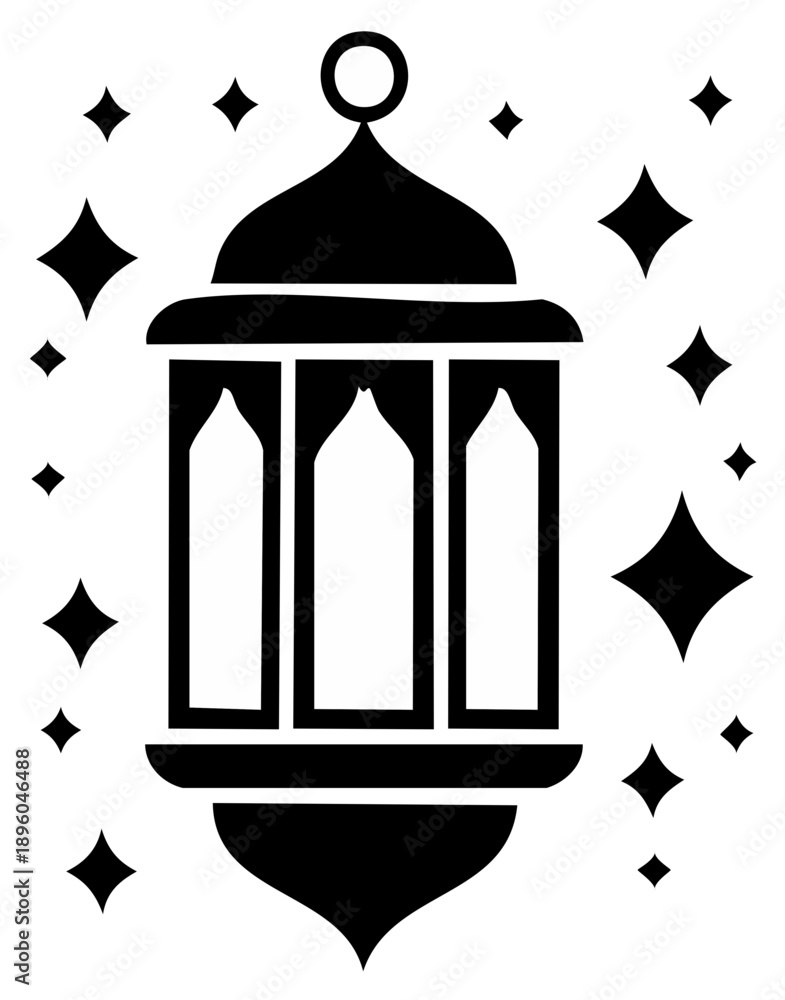 Fototapeta premium Elegant lantern silhouette with shimmering star sparkles, Islamic art vector design.