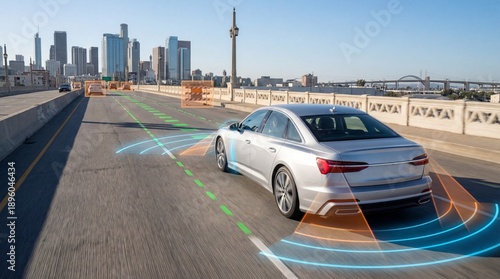 Autonomous Vehicle Sensor Detection on City Bridge Highway. Self Driving Car, Radar and Lidar Systems, ADAS Safety Technology, Smart Mobility Concept