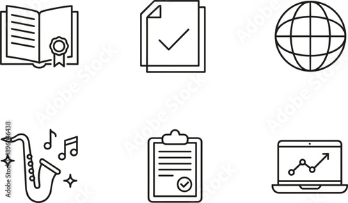 Minimal line education and business icons set featuring certificate documents global music checklist analytics vector outline design