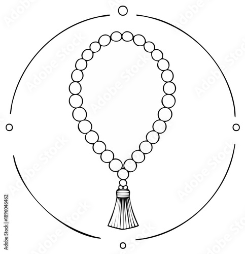 Ink drawing of prayer beads inside a decorative circle element.