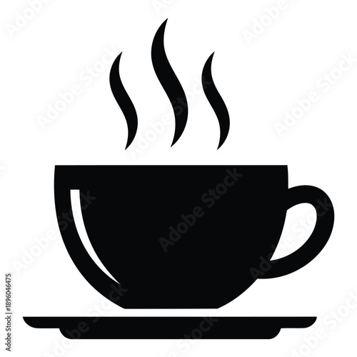 Black silhouette of a steaming hot cup of coffee on a saucer
