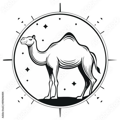 Camel walking framed by a compass illustration with desert elements, vintage style black and white line art drawing for exploration adventures
