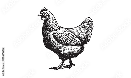 Detailed black and white hen illustration in vintage engraving style, perfect for farm themes.