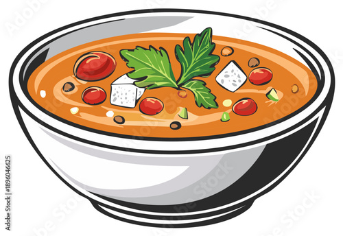 Colorful illustration of a bowl of vegetable soup with garnish
