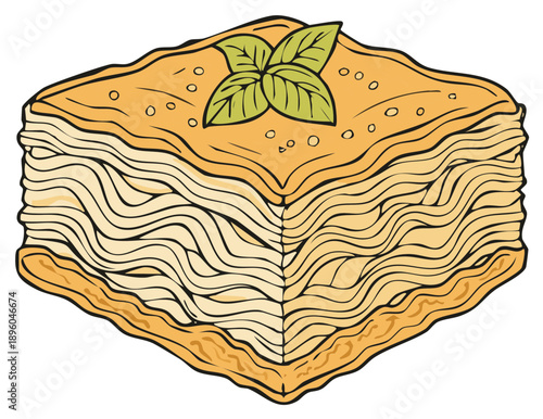 Traditional layered honey pastry illustration, sweet baklava dessert with green leaf garnish
