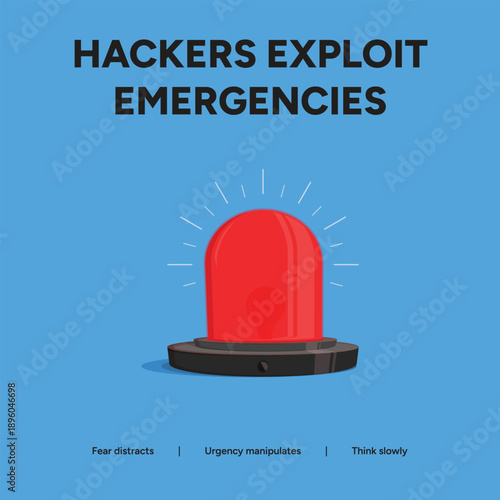 Cybersecurity Awareness Poster with Red Emergency Siren Beacon Illustrating How Hackers Exploit Fear and Urgency for Social Engineering Attacks