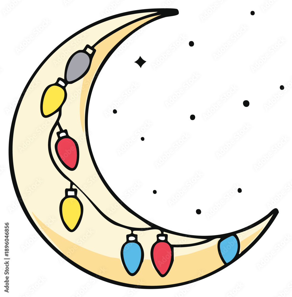 Obraz premium Crescent Moon with Colorful String Lights and Stars in the Night Sky Illustration