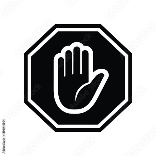 Black and white stop sign with a hand gesture