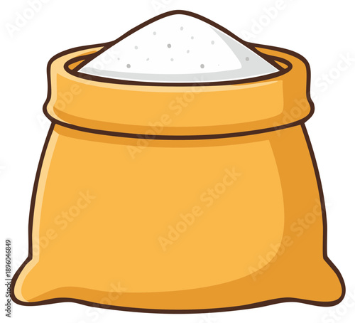 Bag of white sugar granules overflowing from an open burlap sack illustration