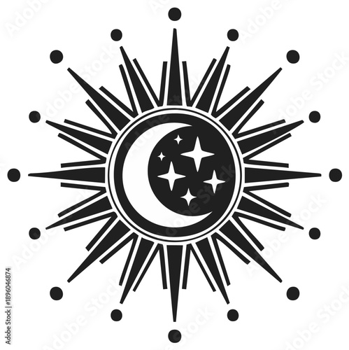Esoteric celestial symbol with sun moon and stars. Sacred geometry spiritual witchcraft icon.