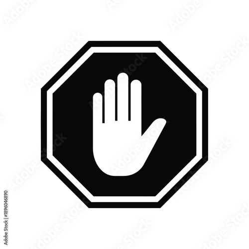 A black and white illustration of a hand in an octagonal sign