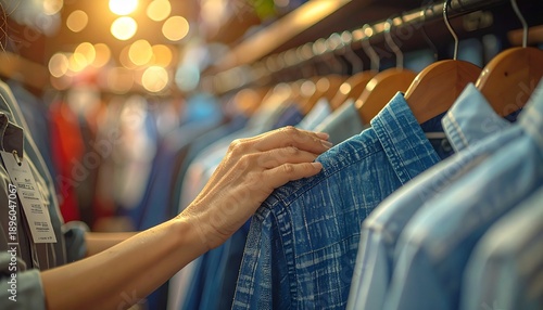 Close-up of a shopper's hand selecting a denim shirt from a hanger in a modern clothing store, capturing the essence of fashion discovery and the retail experience