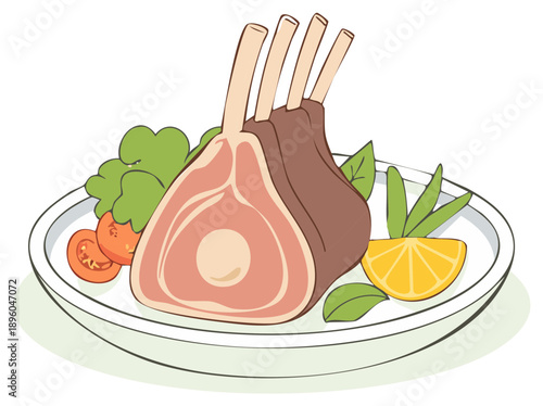 Lamb Chops on a Plate with Salad and Lemon Slice Elegant Food Serving Illustration