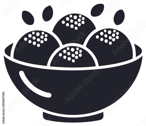 Bowl of spherical food with seed-like shapes illustration