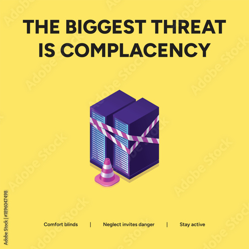 Cybersecurity Threat of Complacency Illustration with Server Racks and Caution Tape for Internal Data Center Risk and Maintenance Awareness Training