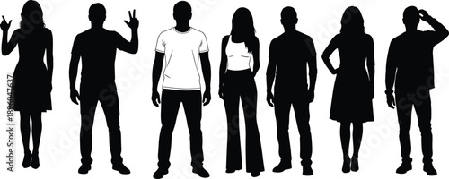 Black silhouette of a young man standing in front, side and back view poses, male character turnaround template isolated on white,t