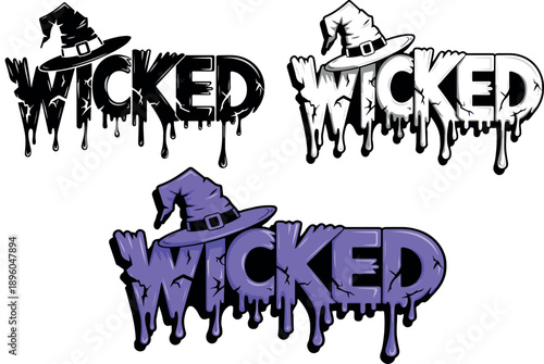 Wicked Halloween Typography with Dripping Text and Witch Hat. Wicked Text Logo Design for Halloween with Horror Drip Effect. Spooky Wicked Text Illustration for Halloween Design. 