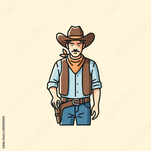 Retro Cartoon Cowboy Character Illustration with Hat, Bandana, and Pistol Holster