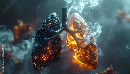 Concept of respiratory disease, lungs damaged by burning and smoke, symbolizes ill health and toxic environment