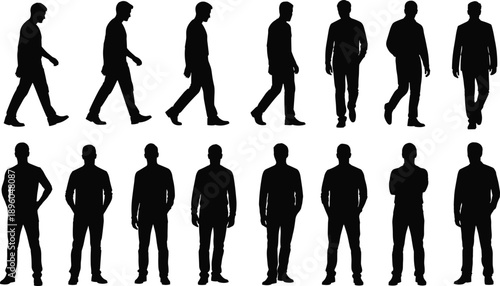 Black silhouettes of a young man standing in front, side and back view poses, male character model turnaround template isolated on white