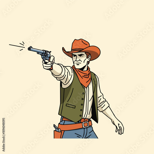 Classic Western cowboy firing a revolver. Vintage comic book style illustration of a gunfighter in action, wild west concept.