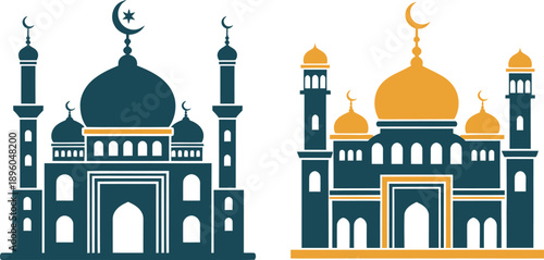 Mosque design flat vector illustration in teal and yellow colors