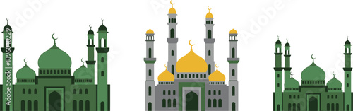 Green mosque vector illustration with yellow domes, multiple buildings