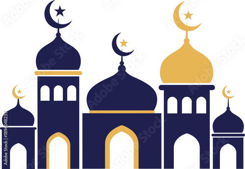Blue and yellow mosque illustration for Islamic culture and religion