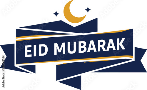 Eid mubarak banner with crescent moon and stars graphic