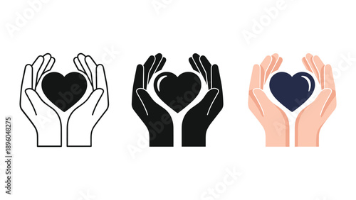 Hands holding heart icon set in various colors and styles