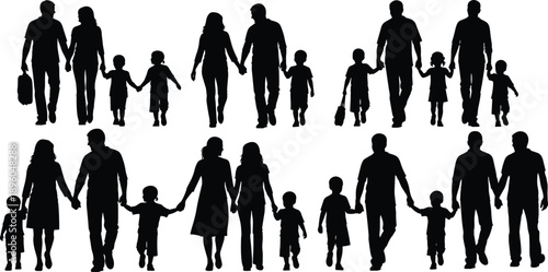 Black silhouettes of a young man standing in front, side and back view poses, male character model turnaround template isolated on white