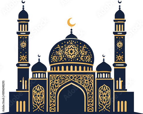 Mosque with minarets dome and ornate gold details