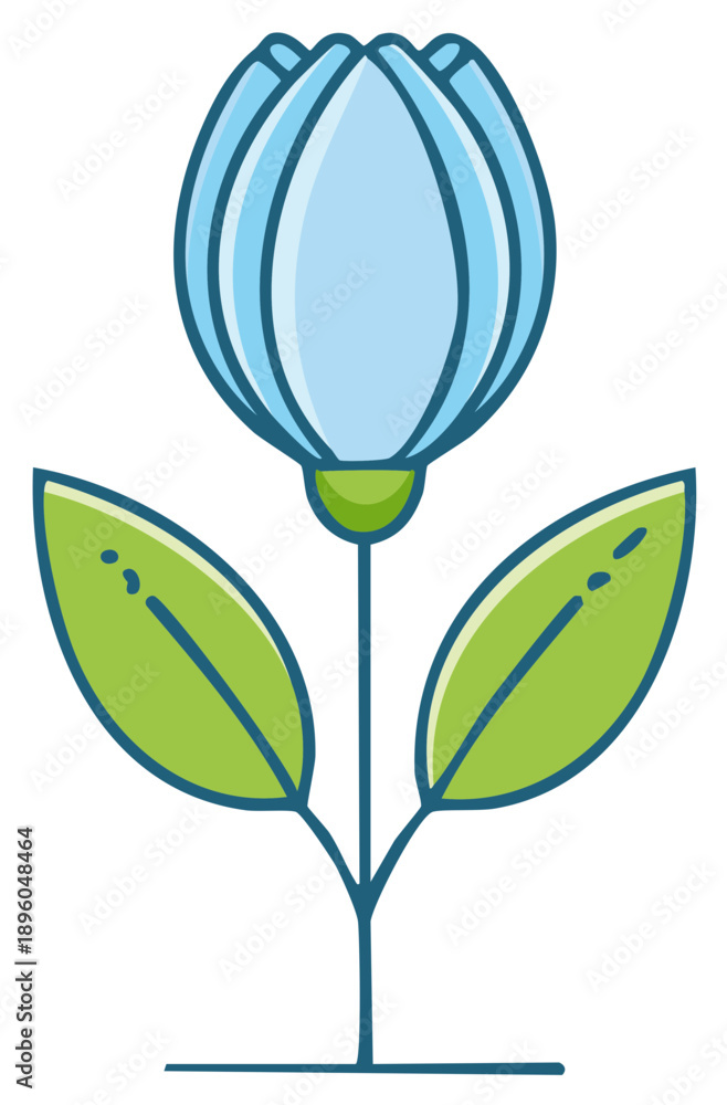 Obraz premium Stylized Light Blue Flower Bud with Green Leaves and Stem Cartoon Illustration