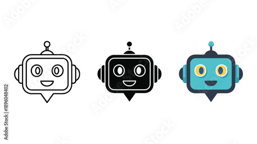 Set of three cartoon robot icons in different colors