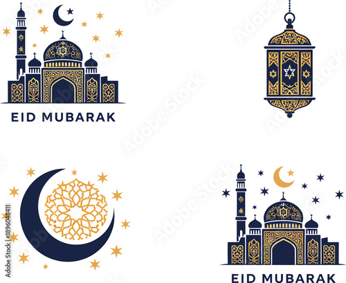 Eid Mubarak decorations mosque lantern crescent moon transparent background