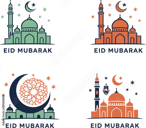 Colorful Eid Mubarak mosque crescent moon transparent background