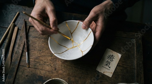 Картината върху платно Close up of a craftsman repairing a cracked white ceramic bowl with gold lacquer
