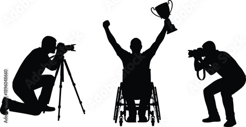 Champion athlete in wheelchair celebrating victory with trophy while professional photographers capture the inspiring moment of success and inclusive sports.