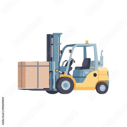 Yellow forklift truck lifting cardboard box. Industrial warehouse logistics, delivery, and transportation service flat vector illustration.