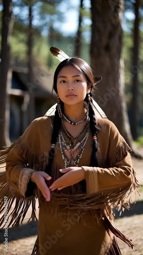 A young Native American woman wearing traditional regalia, highlighting cultural heritage, identity, and timeless elegance. Respectful cultural portrait with a focus on tradition and craftsmanship.