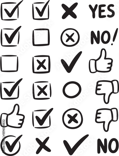 Hand drawn collection of various checkmark, cross, and approval icons for user interfaces 