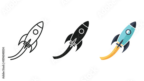 Three rockets in different styles soaring through space