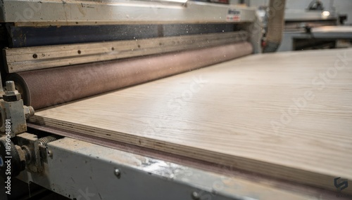 Medium shot capturing fine grit sanding on plywood faces by a widebelt sander highlighting the refinement and smooth finish of the wood surface.
