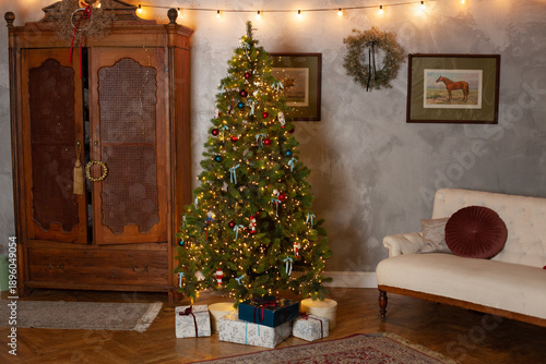 Christmas decor in a studio with lights