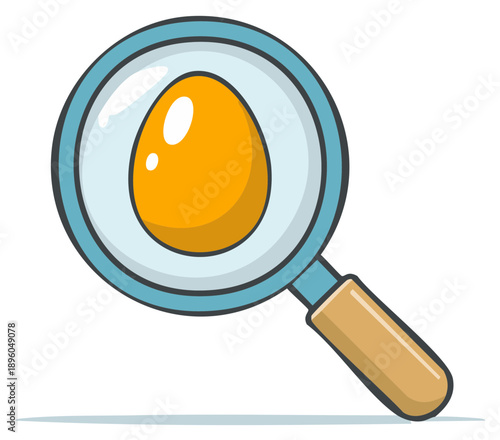 Magnifying glass focusing on egg, search for solutions, find solutions, cartoon vector illustration