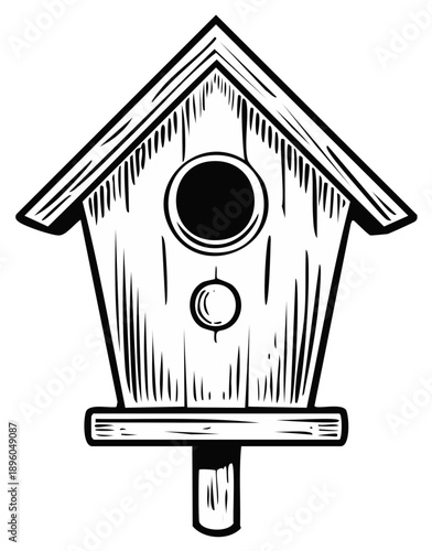 A classic wooden birdhouse on a post in a black and white vintage woodcut illustration style
