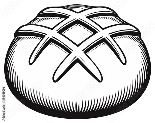 Freshly baked round loaf of bread with decorative scoring, detailed illustration.