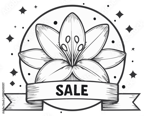 Lily floral sale badge with ribbon design for marketing or event advertising